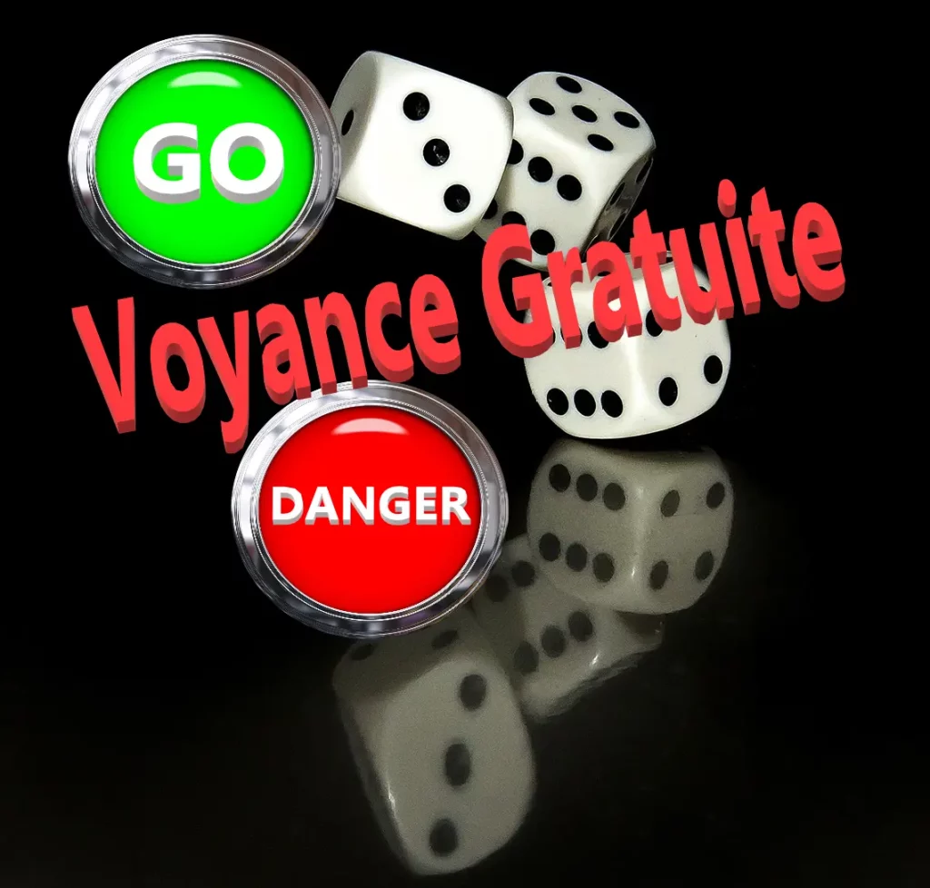Image représentant la voyance gratuite : des dés du hasard, un bouton vert GO, un bouton rouge Danger, et l'inscription Voyance gratuite