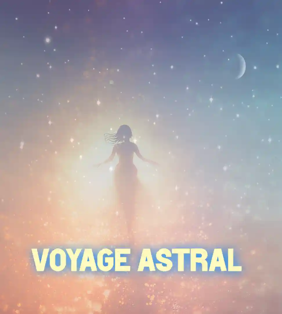 Voyage astral : femme éthérée vue de dos marchant vers une lumière céleste dans un ciel étoilé avec la lune