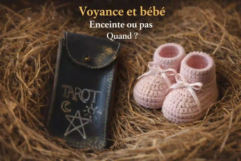 Voyance grossesse et fertilité - Nid douillet avec cartes de tarot et chaussons de bébé pour consultation maternité