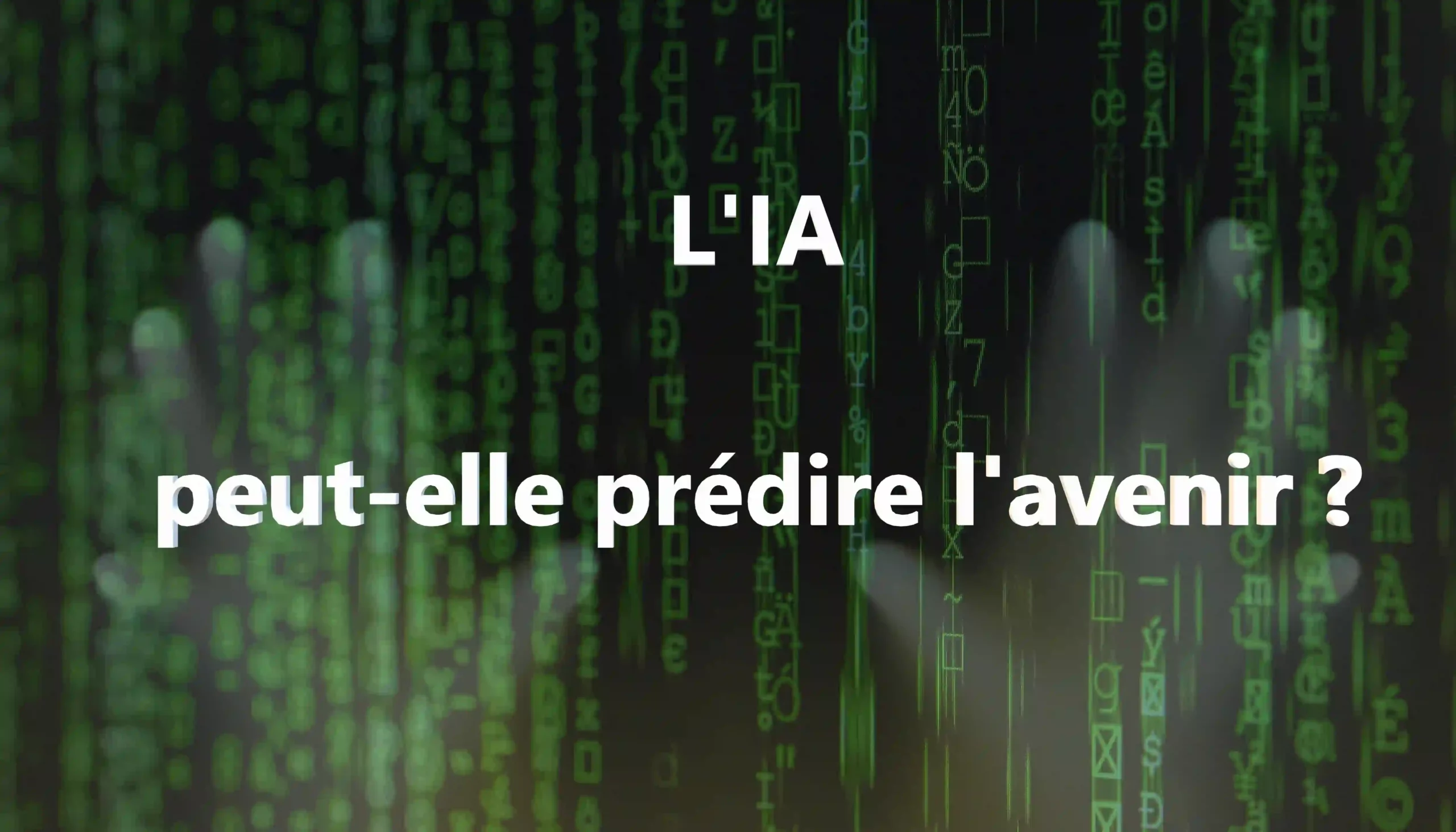 Écran d'ordinateur affichant des chiffres binaires avec le titre L'IA peut-elle prédire l'avenir, réflexion de Jean Claude Dewulf